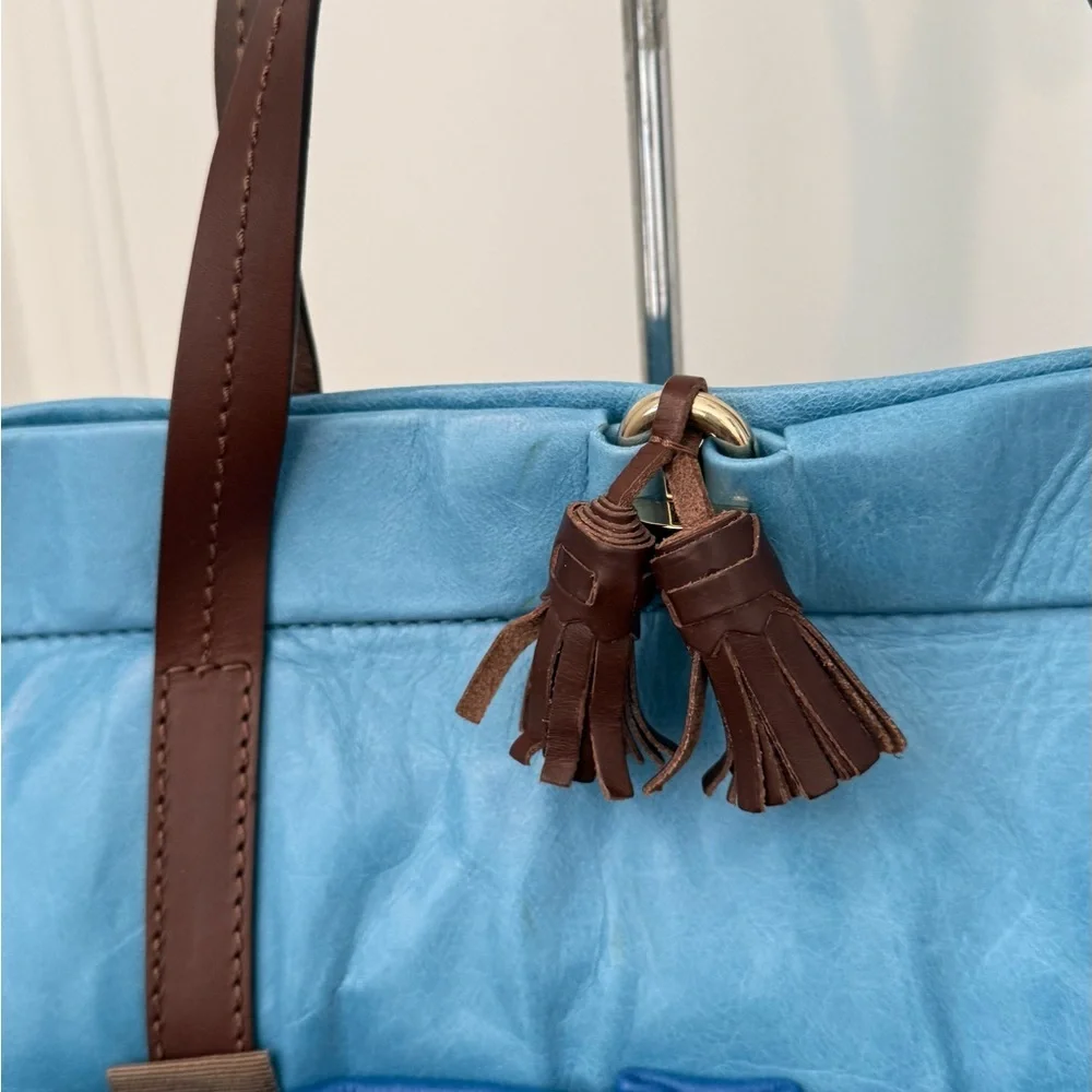 Maliparmi Blue Colorblock Leather Tote with Brown Straps